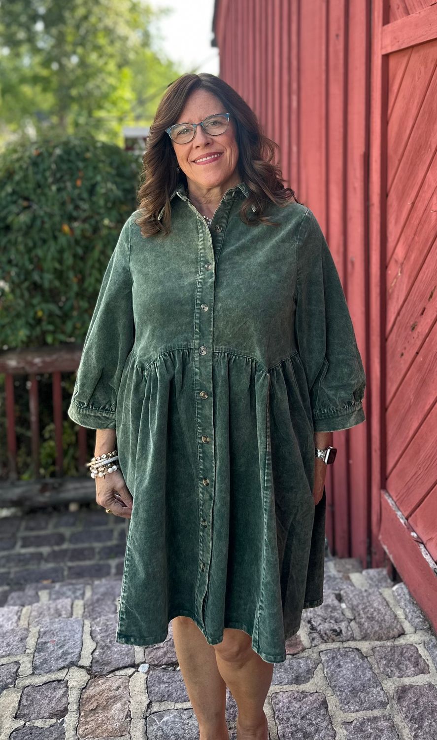 Mineral Wash Button Babydoll Dress - 3 Colors, Color: Emerald, Size: S