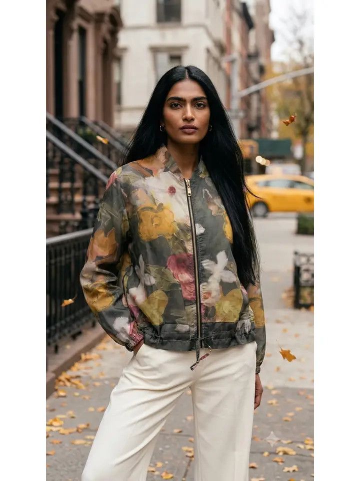 Lightweight  Watercolor Floral Zipped Blouse O/S
