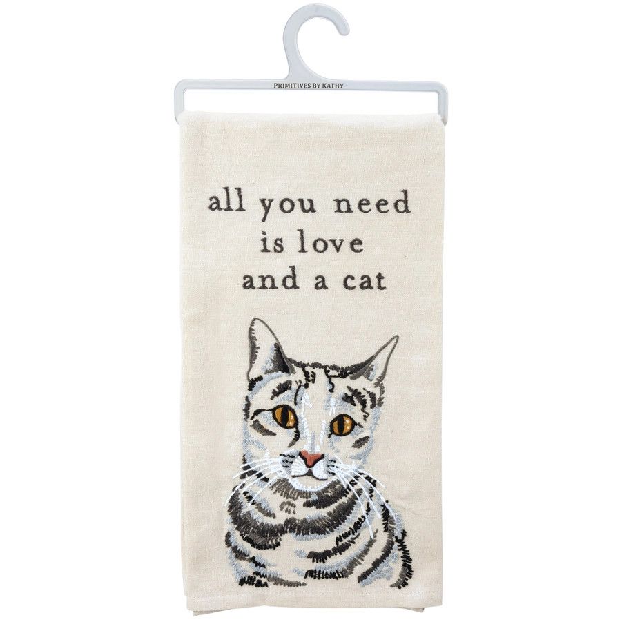 Love and a Cat Embroidered Kitchen Towel