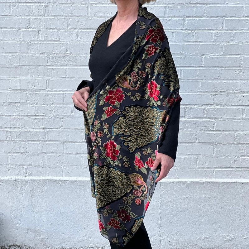 Burnout Velvet Shawl Red, Green and Gold Peacocks