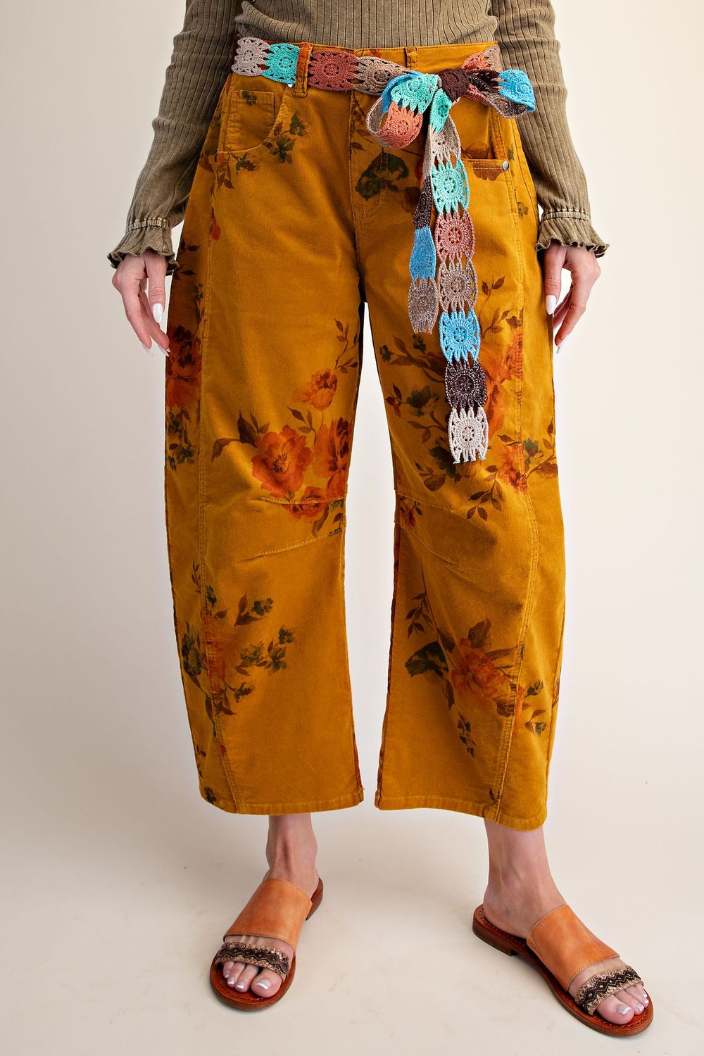 Print Washed Corduroy Barrel Pants