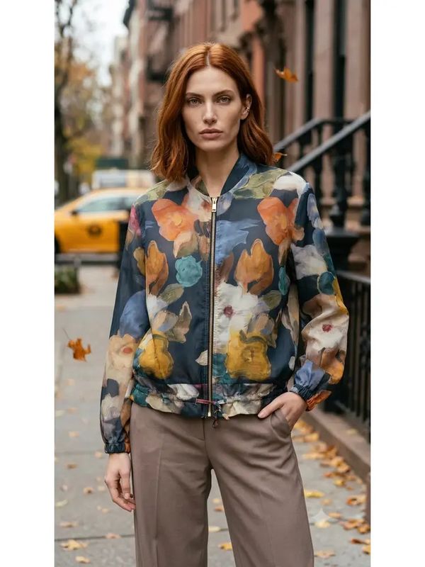 Lightweight Navy Watercolor Floral Zipped Blouse O/S