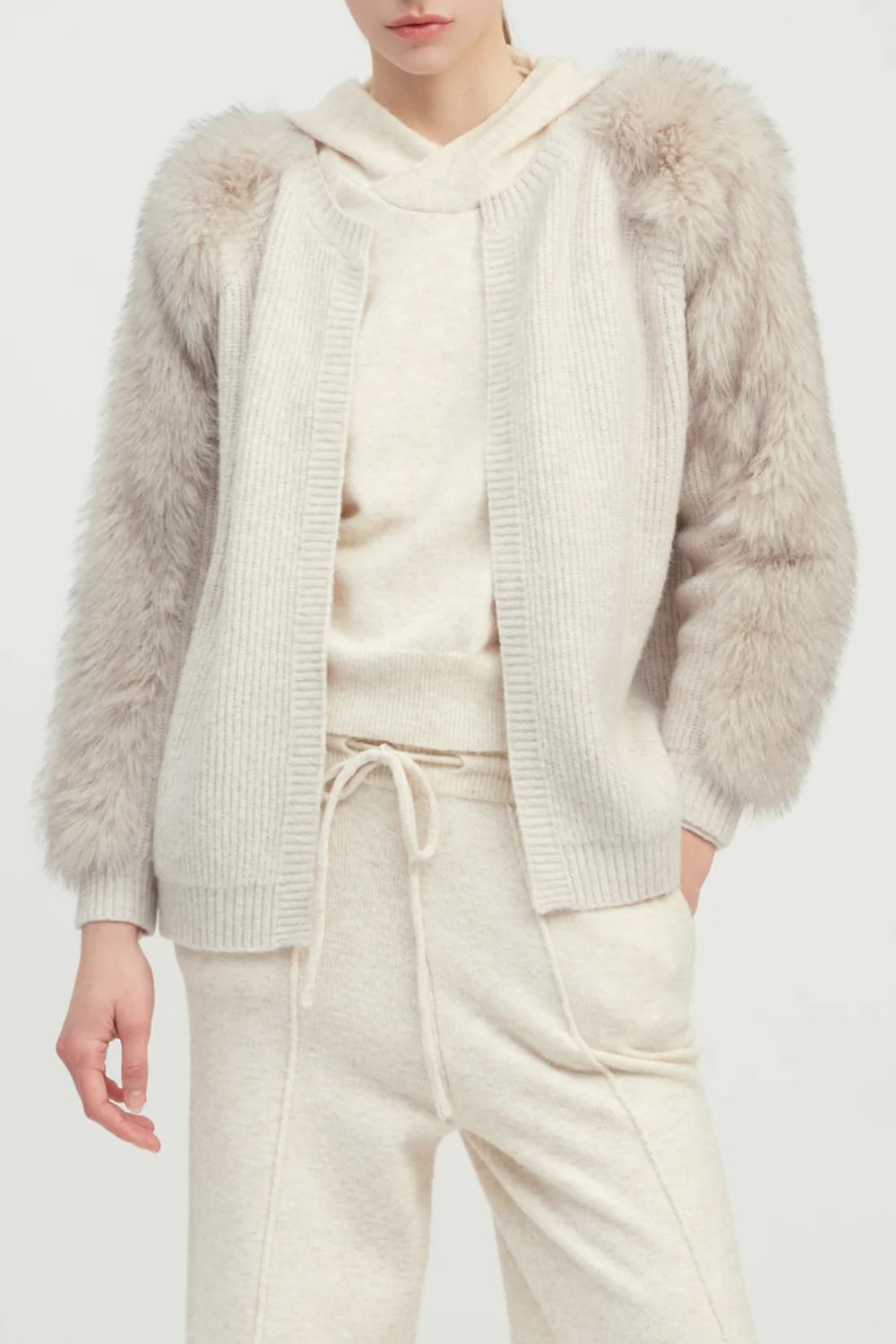 Fur Sleeve Waffle Cardigan OS