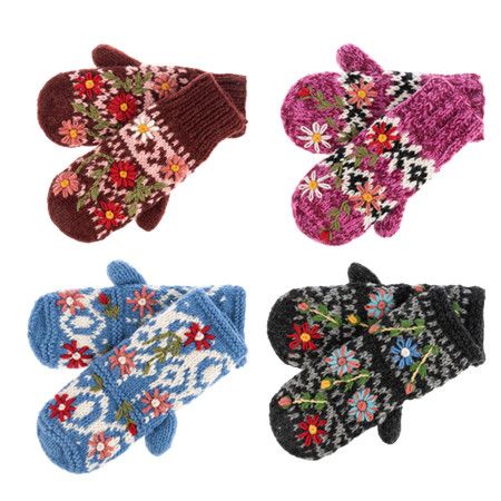 Embroidered Floral Wool Mittens - 4 styles