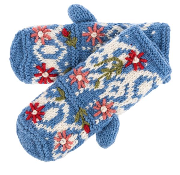 Embroidered Floral Wool Mittens - 4 styles, Color: Blue