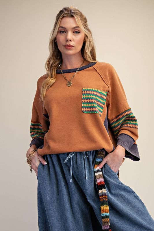 Mixed Print Washed Camel Top