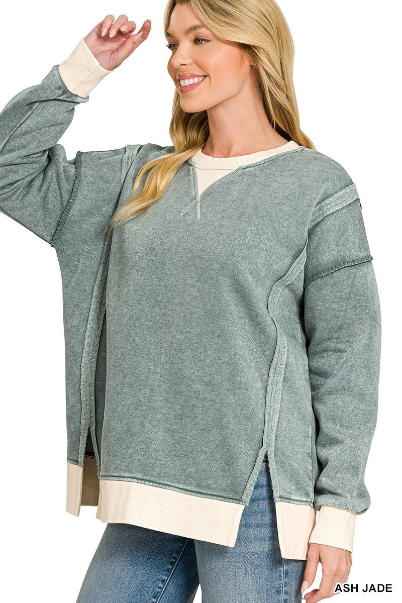 Fleece Acid Washed Contrast Trim Pullover, Color: ASH JADE, Size: Small