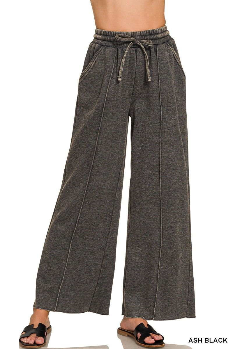 Acid Washed Fleece Pintuck Wide Leg Pants