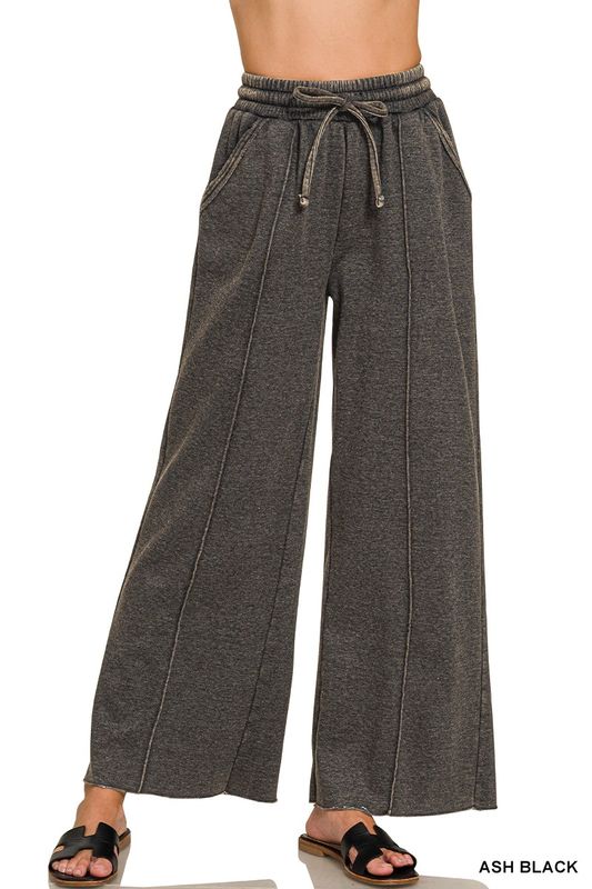Acid Washed Fleece Pintuck Wide Leg Pants