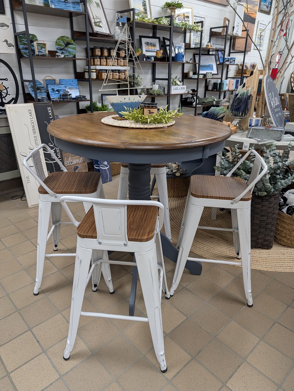 Solid Wood Counter Height Table Set – w/ 4 White Metal Chairs