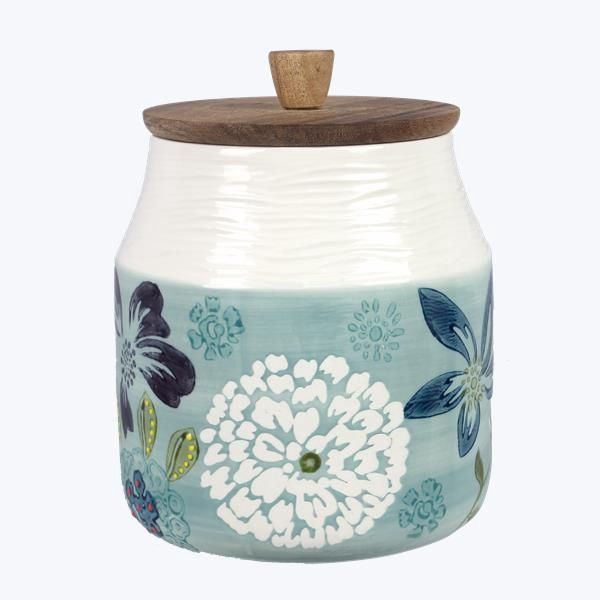 Stoneware Wax Resist Blue Floral Print Canister withSilicon Seal Wood Lid