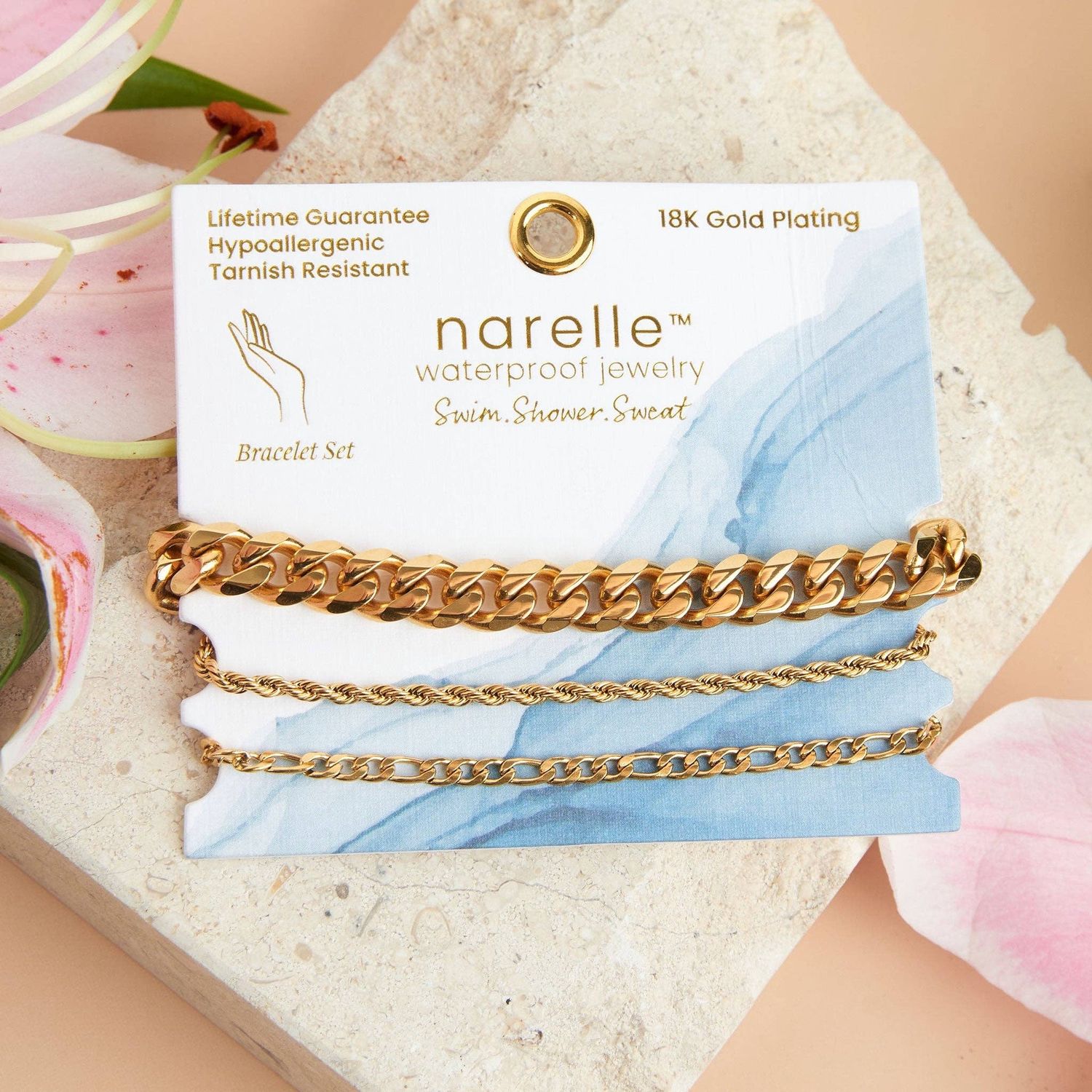 Waterproof Bracelets Narelle Figaro Chain Trio Set, Color: Yellow Gold