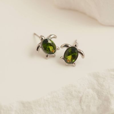 Waterproof Earrings Turtle Studs Green Cubic Zirconia