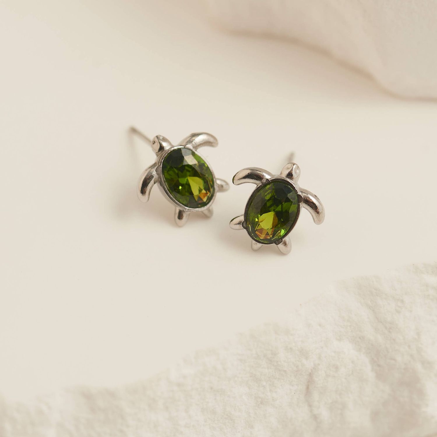 Waterproof Earrings Turtle Studs Green Cubic Zirconia, Color: Silver
