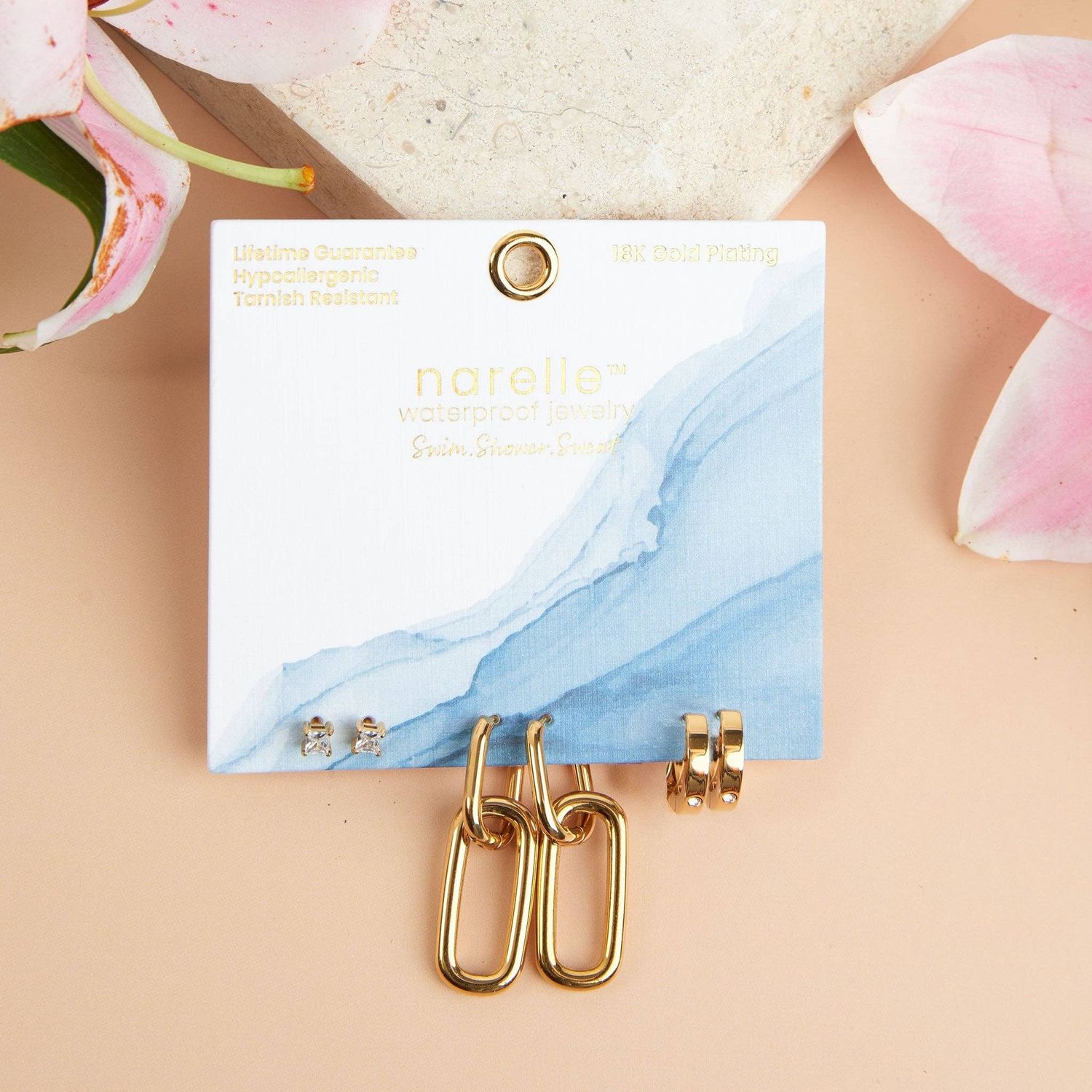 Narelle Waterproof Double Linked Hoop Earring Trio, Color: Yellow Gold