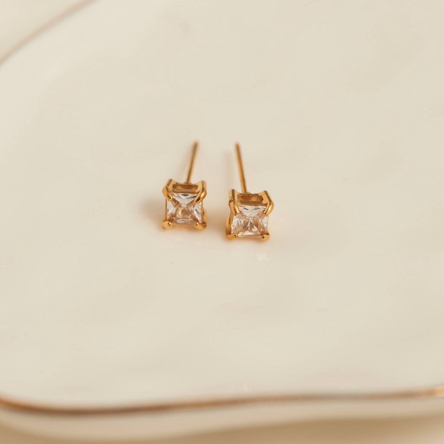 Waterproof Earrings 5mm Square Cubic Zirconia Stud Narelle, Color: Gold