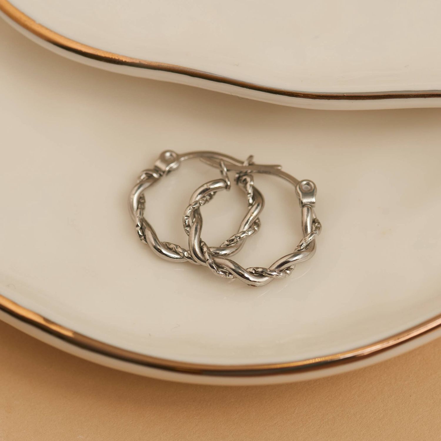 Waterproof Earrings Twisted Hoop Pin Catch in Gold &amp; Steel, Color: Silver