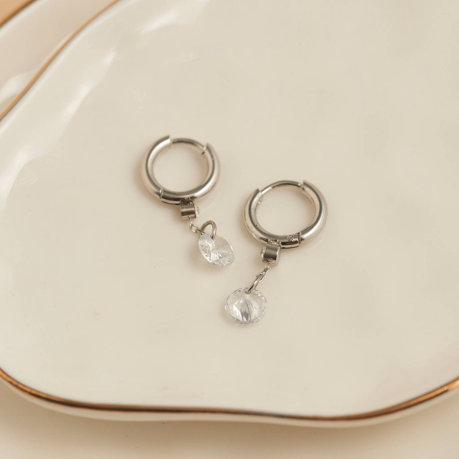 Waterproof Earrings Dangle CZ Charm Huggie in Gold &amp; Steel, Color: Silver