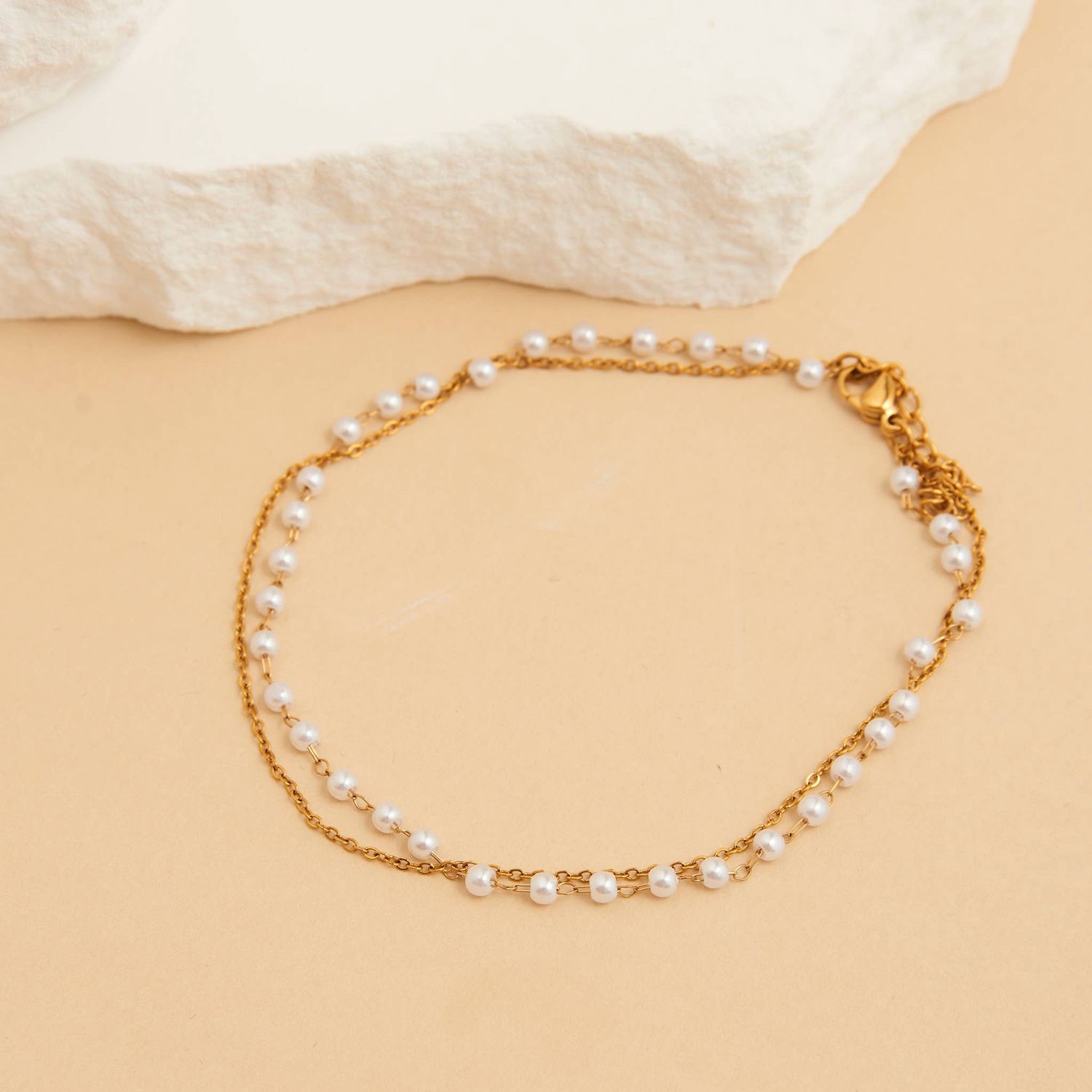 Waterproof Anklet 18K Gold Double Row Pearl &amp; Chain Narelle