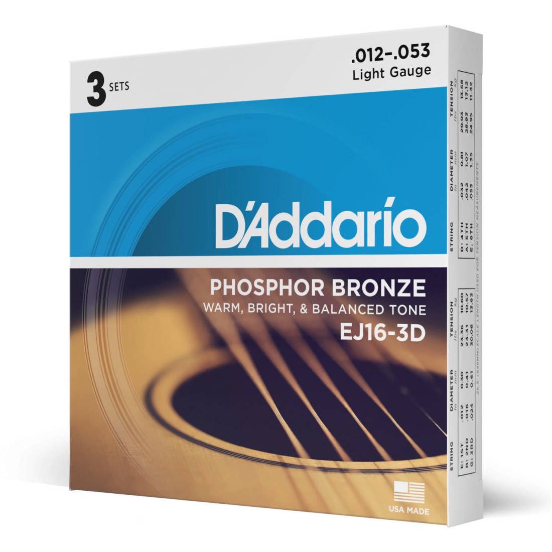 D'Addario EJ16-3D 12-53 Light Gauge Acoustic Guitar Strings - 3 Pack