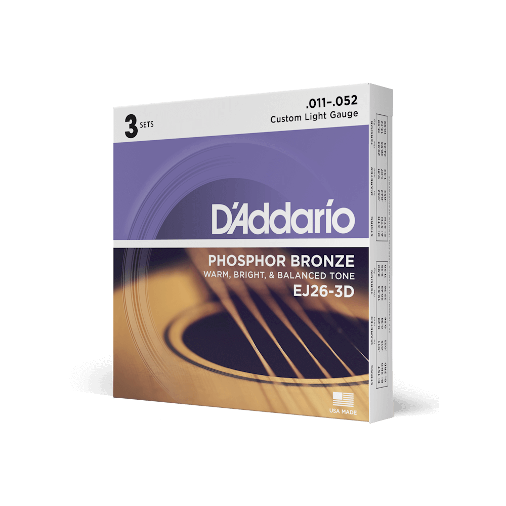 D'Addario EJ26-3D 11-52 Custom Light Acoustic Guitar Strings - 3 Pack