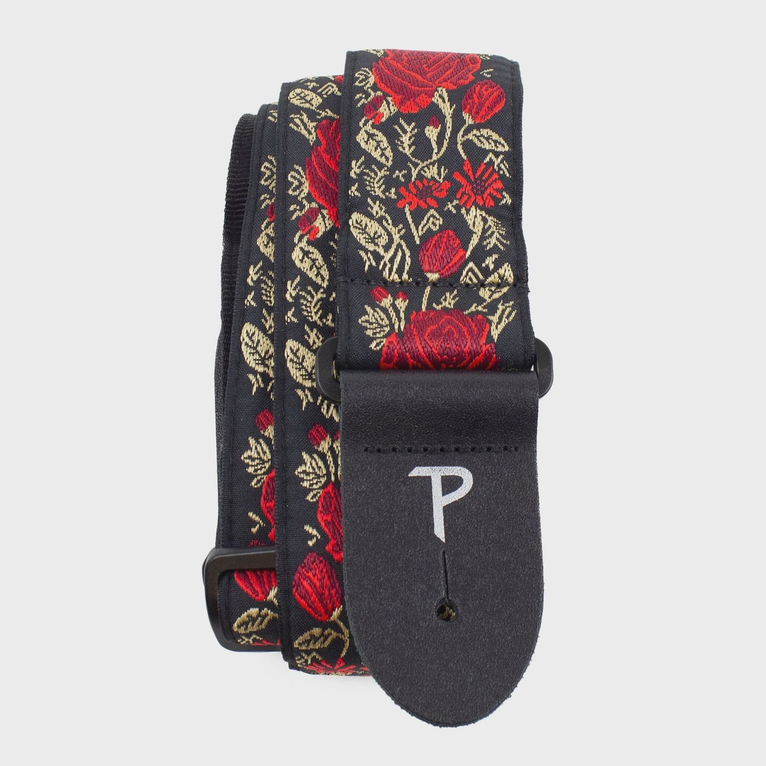 Perri's RED FLORAL ON BLACK JACQUARD GUITAR STRAP