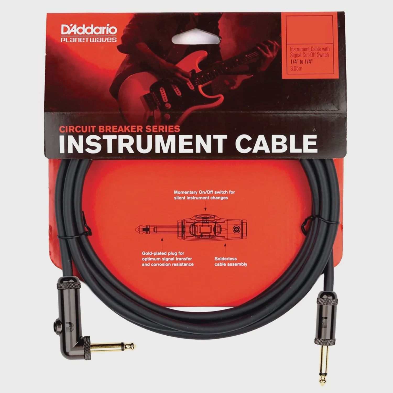D'Addario Circuit Breaker Cable - Straight to Right-Angle with Momentary Switch, 10ft.
