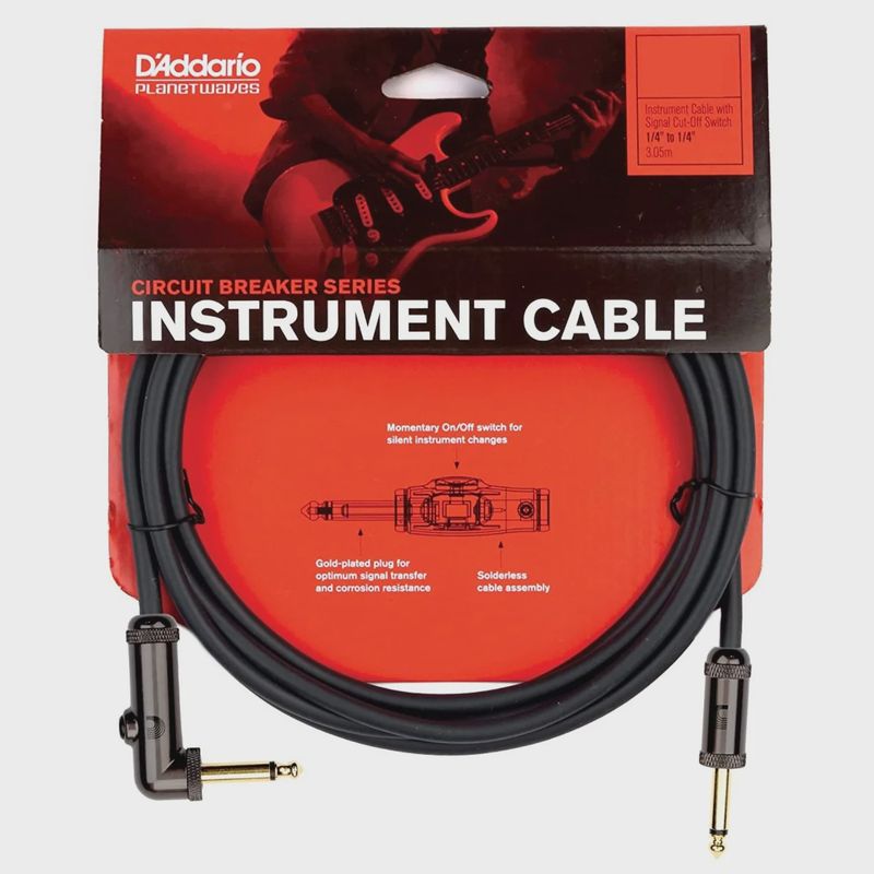 D'Addario Circuit Breaker Cable - Straight to Right-Angle with Momentary Switch, 10ft.