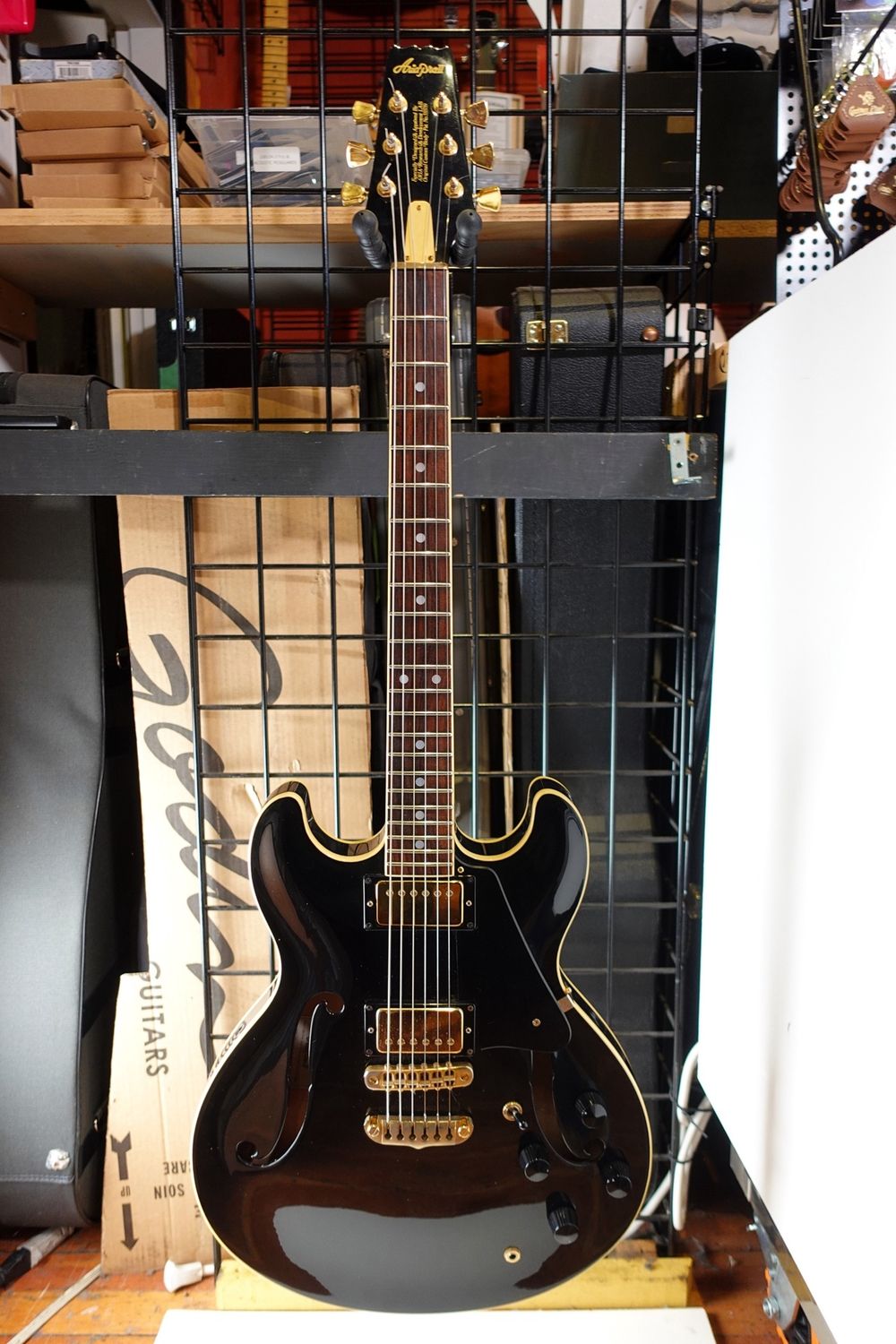 1980s Aria Pro II TA-60 Black n Gold Semi Hollow Guitar w/ HSC
