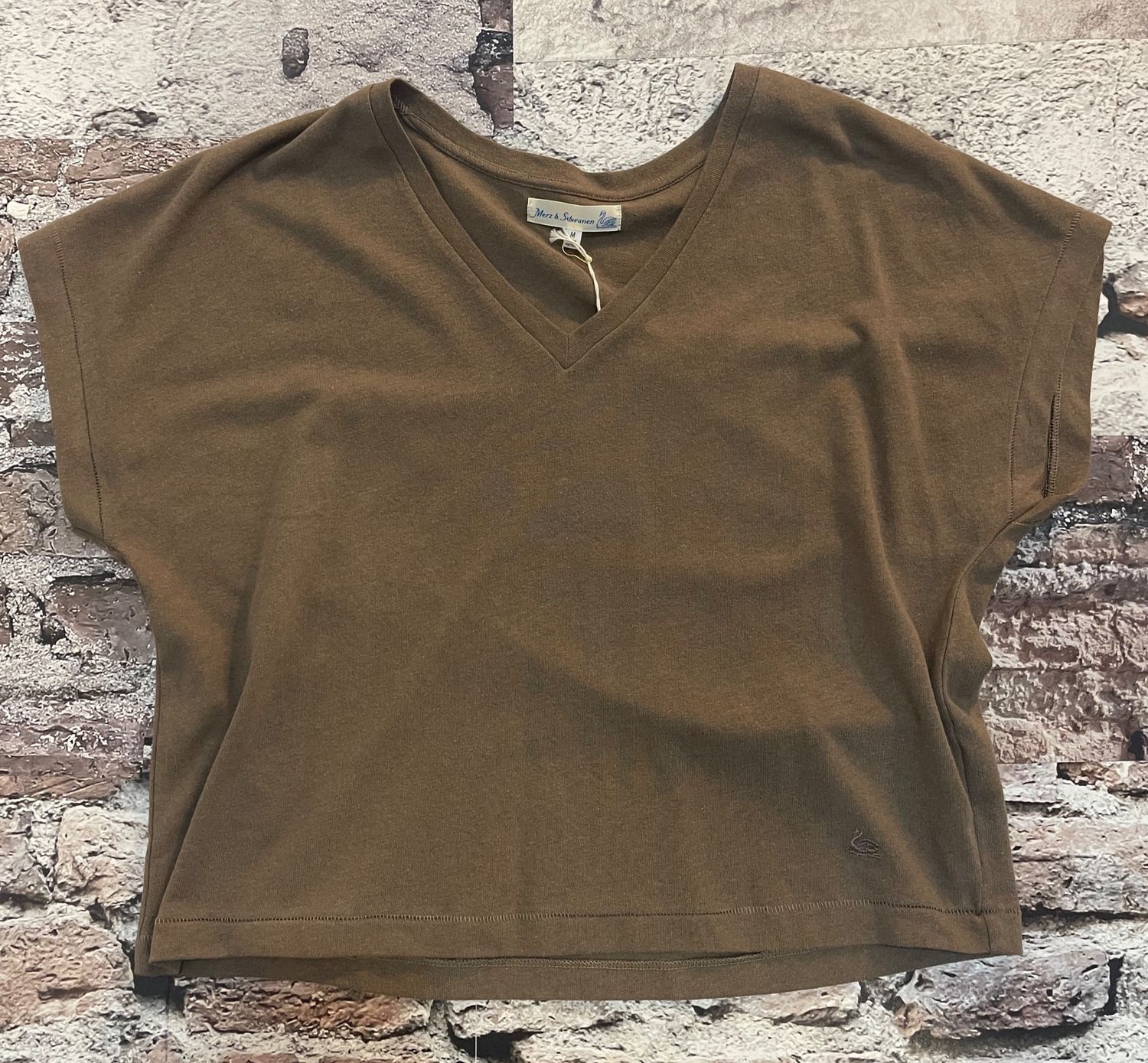 Organic Cotton - Linen Relaxed Wide Fit V-Neck Tee, Color: Faded Grain, Size: XS