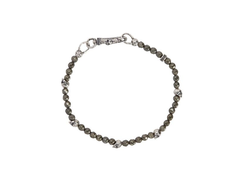 Silver Skulls &amp; Pyrite w/ Skull Clasp Bracelet