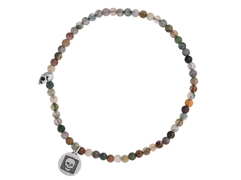 Single Strand Agate w/ Silver Skull Bracelet