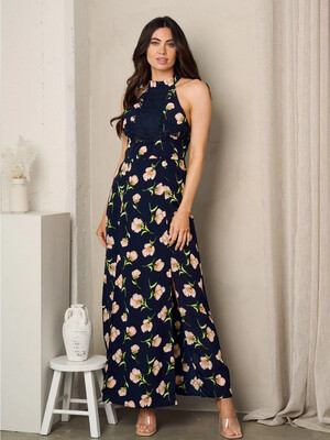 Navy Blue Floral Maxi Dress: Sleeveless with Chic Front Slit