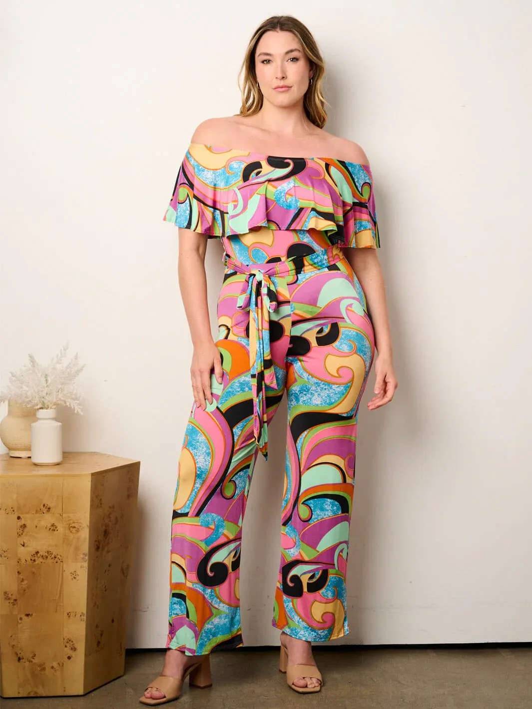 Plus Size Off Shoulder Ruffle Jumpsuit – Self Tie, Multi Print, Wide Leg