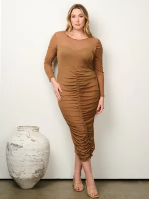 Plus Size Mesh Mocha Maxi Dress – Long Sleeves, Ruched Front