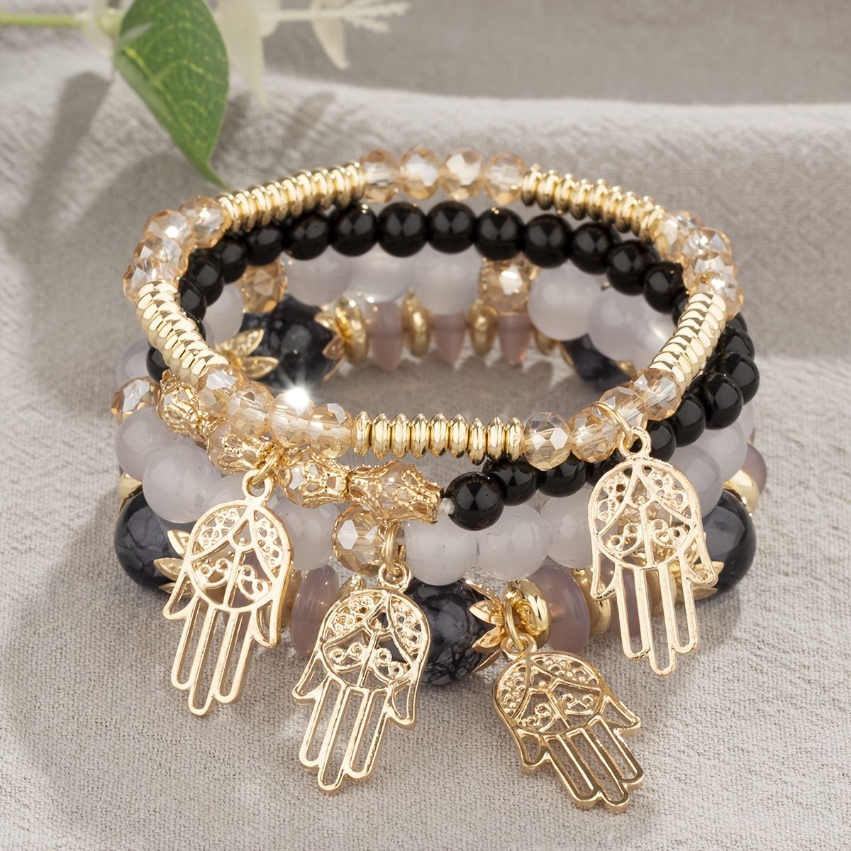 4pcs/set Creative Fashion Boho Golden Hamsa Palm Pendant Beads Couple Bracelet Handmade Multi Layered Beaded Bracelet Set Holiday Travel Party Gift