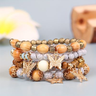 4pcs/set Multilayer Bohemian Butterfly Bracelet with Wooden Beads - Versatile Stackable Jewelry
