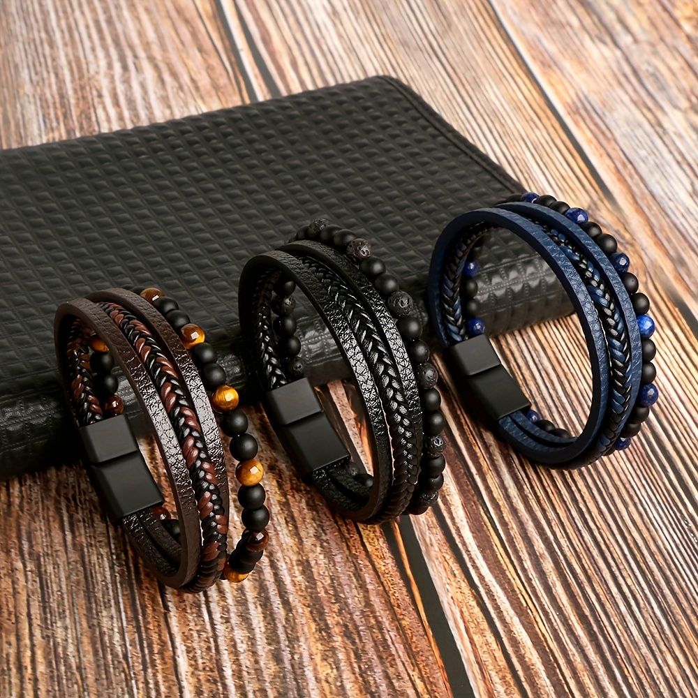 Retro Men's Braided Natural Obsidian Bracelet, Beaded Tiger Eye PU Leather Braided Stacking Multilayer Bracelet