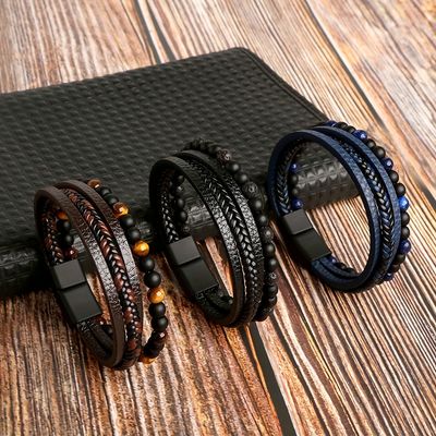 Retro Men's Braided Natural Obsidian Bracelet, Beaded Tiger Eye PU Leather Braided Stacking Multilayer Bracelet