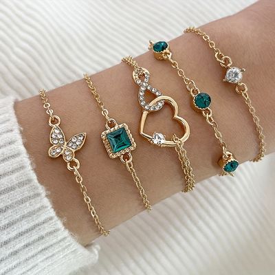 Environmental Protection Retro Elegant Fashion Bracelet Set Love Full Throw Diamond Shining Infinite Symbol Geometry Green Rhinestone Bracelet Set 5pcs