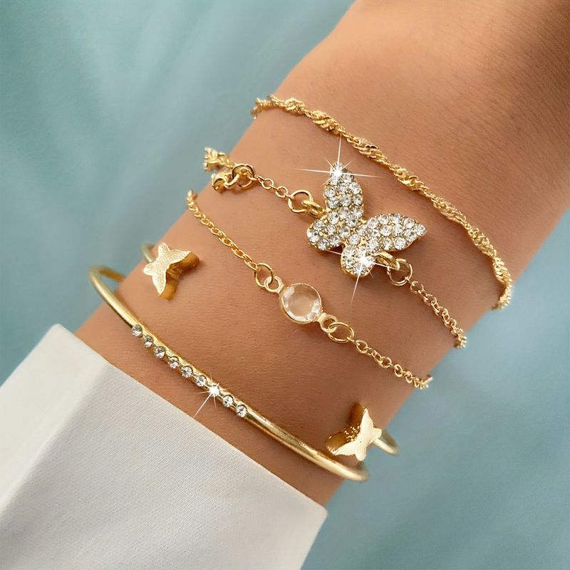 5pcs Elegant Alloy Bracelet Set with Rhinestone Butterfly Charms, Simple Daily &amp; Gift Occasion Jewelry, All-Season Accessory