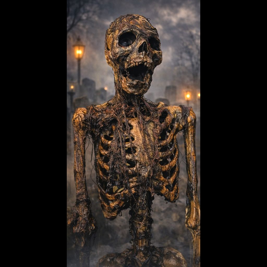 Corpsed / Rotted / Burned Skeleton with LED eyes/mouth/candle with timer