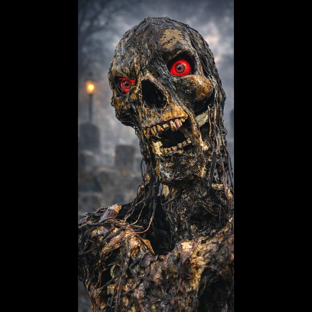 Corpsed / Rotted / Burned Skeleton with LED eyes/mouth/candle with timer