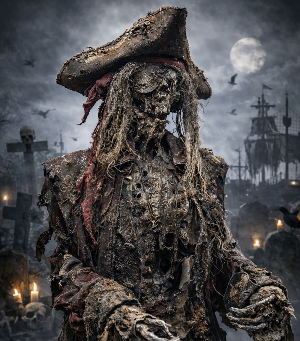 Unearthed Pirate Captain Skeleton – Decayed Corpsed Haunted Graveyard Prop