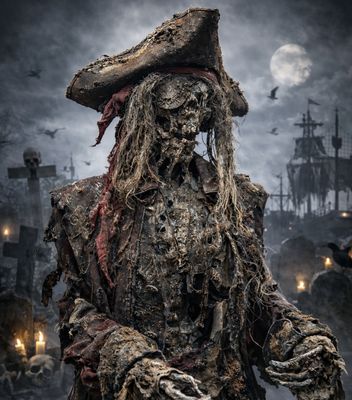 Unearthed Pirate Captain Skeleton – Decayed Corpsed Haunted Graveyard Prop