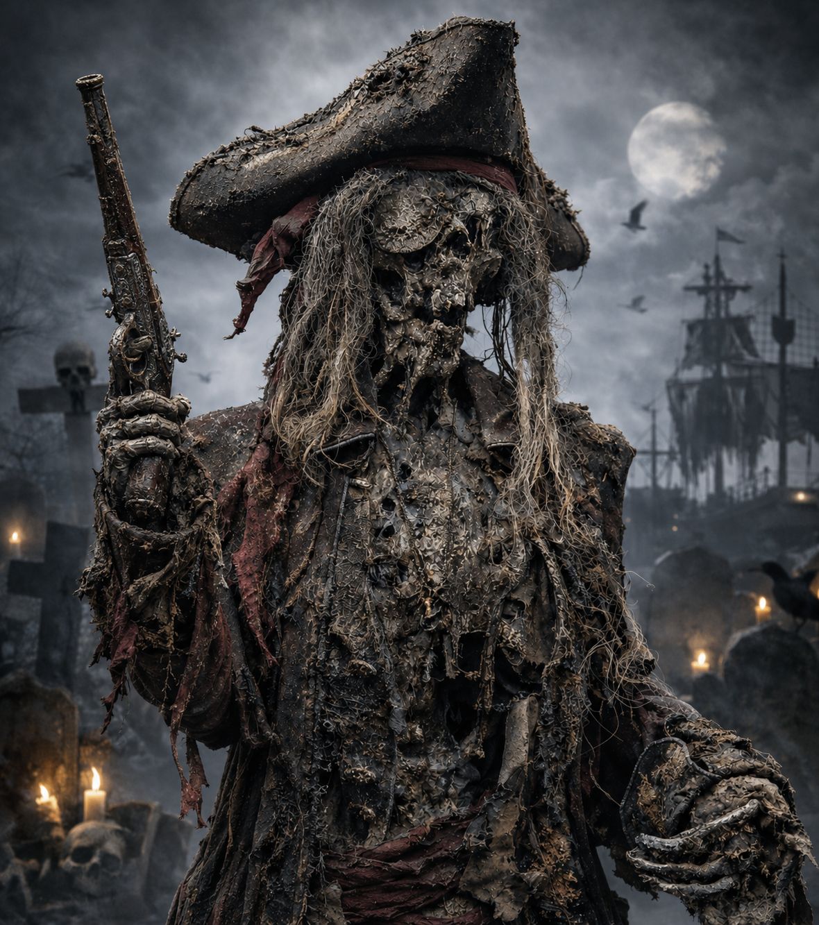 Unearthed Pirate Captain Skeleton – Decayed Corpsed Haunted Graveyard Prop