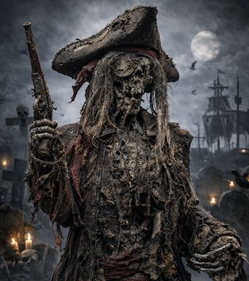 Unearthed Pirate Captain Skeleton – Decayed Corpsed Haunted Graveyard Prop