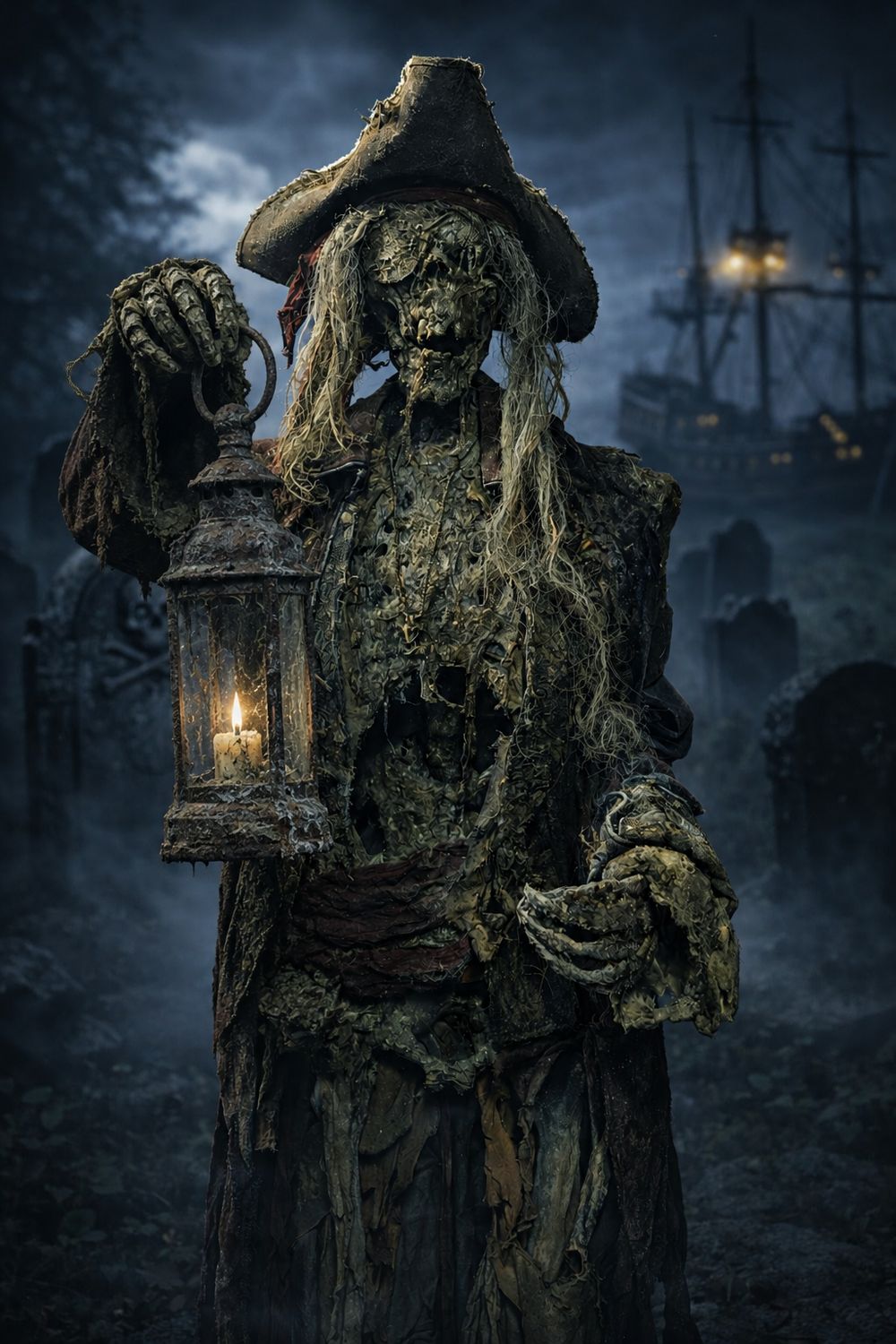 Unearthed Pirate Captain Skeleton – Decayed Corpsed Haunted Graveyard Prop