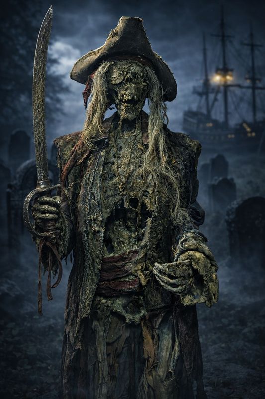 Unearthed Pirate Captain Skeleton – Decayed Corpsed Haunted Graveyard Prop