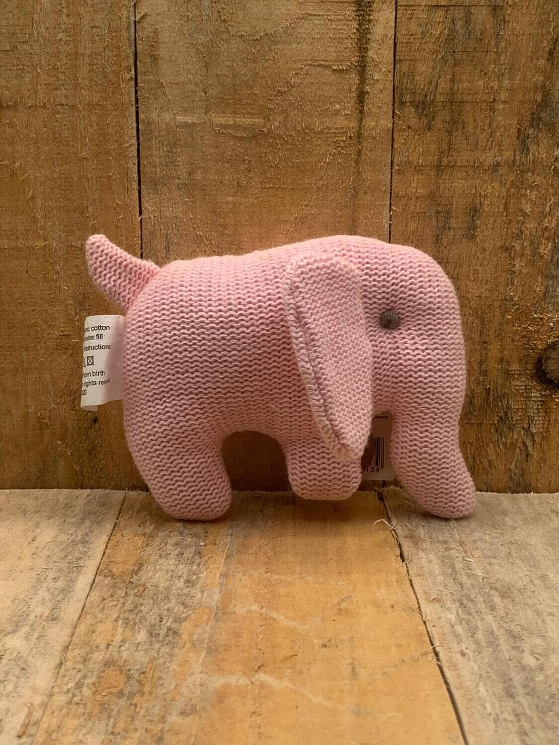 KNITTED ORGANIC COTTON PINK ELEPHANT BABY RATTLE